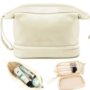 Makeup Bag with Multiple‎ Compartments Cream Beige Zipper Clouser One Piece New